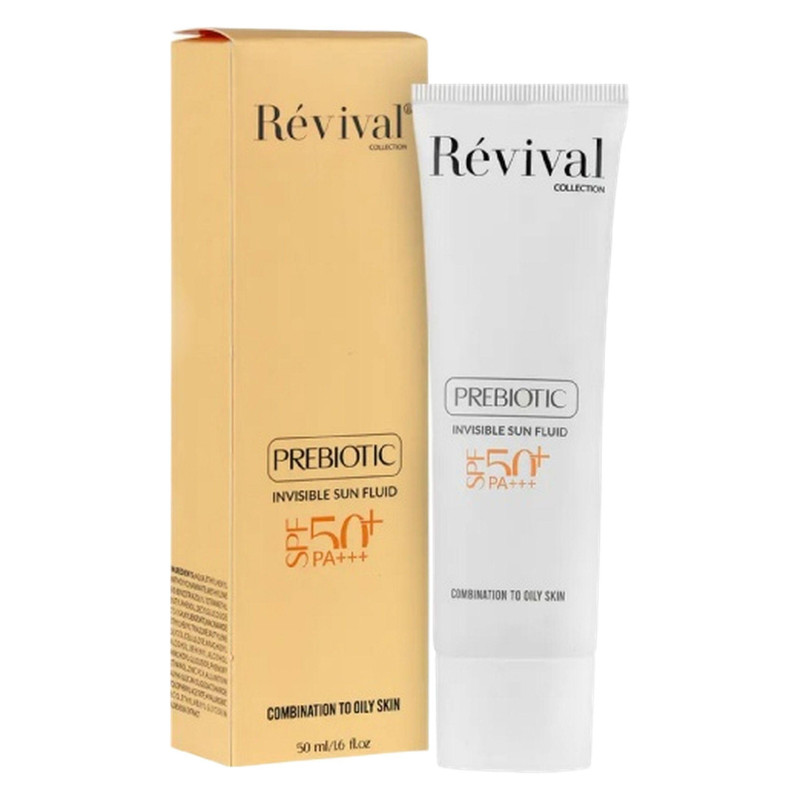 فلوئید ضد آفتاب بی‌رنگ رویوال، SPF 50، مدل prebiotic، مناسب پوست چرب و مختلط